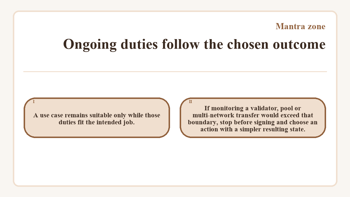 Ongoing duties follow the chosen outcome: A use case remains suitable only while those duties fit the intended job.; If monitoring a validator, pool or multi-network transfer would exceed that boundary, stop before signing and choose an action with a simpler resulting state.